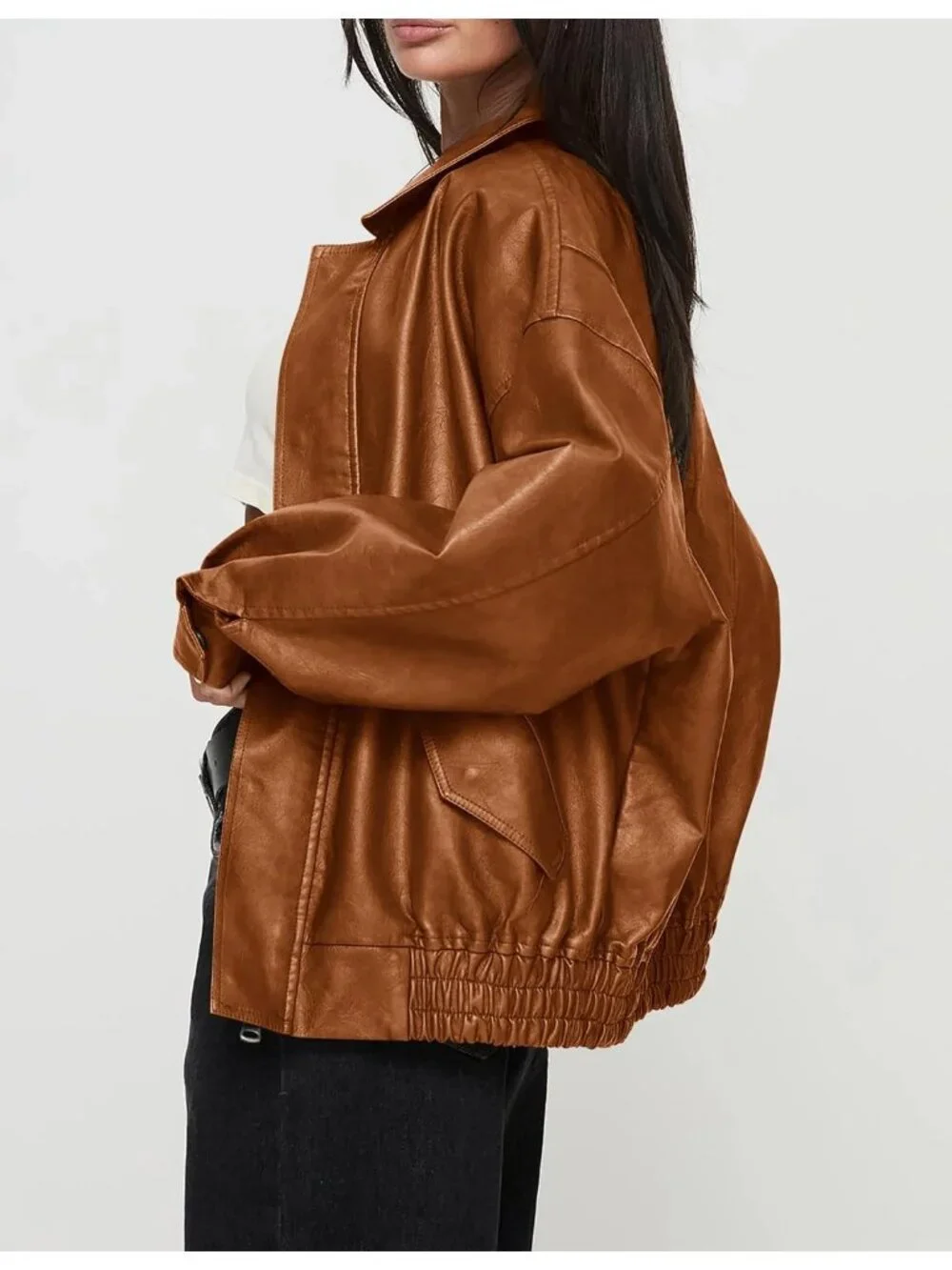 Women's Brown Oversized Winter Moto Biker ZIP Up Fall Faux Leather Jacket